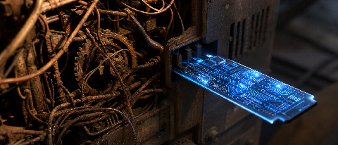 A glowing new circuit module connected to a tangled, dusty mass of old wires and gears inside a worn machine.
