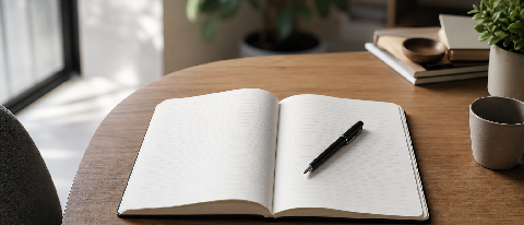 A minimalist desk scene with a notebook and pen, symbolizing the act of asking questions before building.