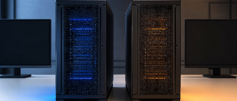 A split composition showing two distinct server rack environments under different lighting conditions, symbolizing the comparison between vLLM and TensorRT-LLM 