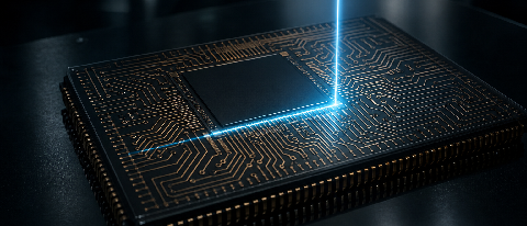 A macro shot of a semiconductor chip being scanned by a precision laser line.