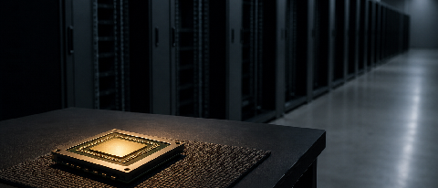 A single chip beside an empty server hall, watchful.