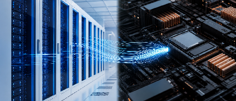 A conceptual editorial image showing a split workspace with high-end server racks transitioning into a more rugged, industrial computing setup, symbolizing the 