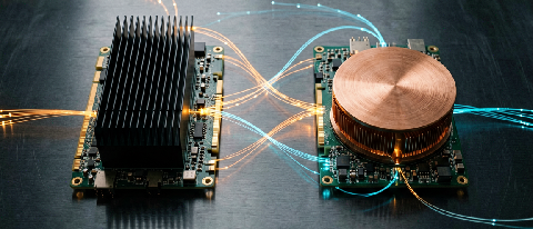Editorial still-life of two distinct AI accelerator circuit boards on a dark surface, connected by fiber-optic light paths, symbolizing heterogeneous chip clust