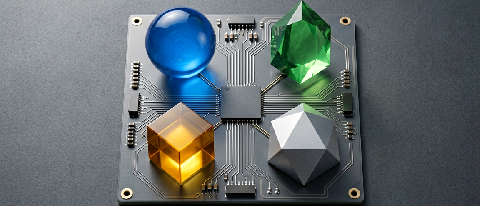 Four distinct, colorful, crystalline AI model cores sit on a single, sleek circuit board platform, each glowing with a different color.