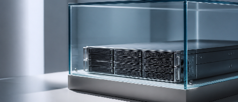 A conceptual editorial image showing a secure, isolated data vault or server rack separated by a glass barrier, symbolizing data sovereignty and compliance.