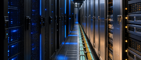 Two distinct server rack sections in a modern data center, representing separate training and inference hardware.