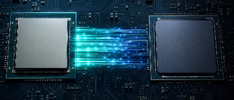 Editorial illustration of two distinct AI accelerator chips on a circuit board with data flowing through narrow bandwidth channels