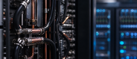 Close-up of high-density server rack components with liquid cooling pipes, emphasizing hardware details over abstract data.