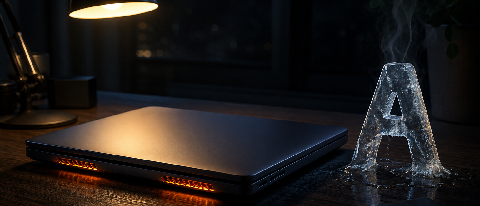 A sleek MacBook Pro on a dark desk at night, its fan vent glowing with heat, while a single character slowly materializes on the screen, visualized as a physica