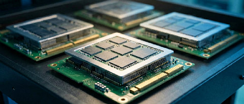 Close-up of an AI accelerator card with stacked HBM modules mounted on a server board inside a data-center rack.