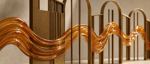 A conceptual editorial photo of a fluid glass wave passing through precise brass architectural gates, symbolizing emotion guided by strict rules.