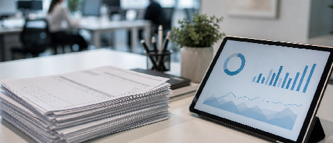 A modern office desk with financial documents and a tablet displaying abstract data visualization