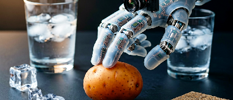 Robotic fingertip with translucent tactile sensor touching textured materials alongside a small camera