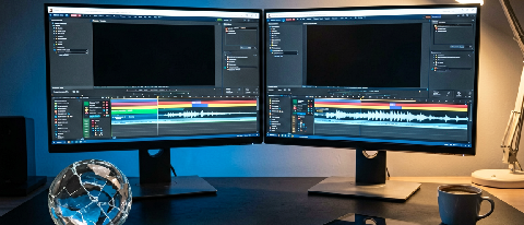 A cinematic workspace showing a dual-monitor setup with professional video editing software interfaces, surrounded by physical props representing the blend of d