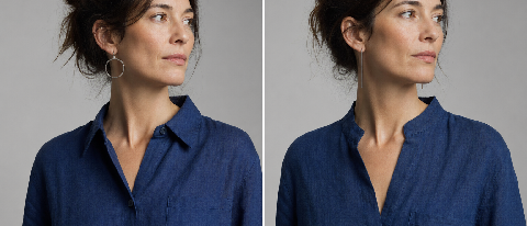 A split-screen editorial concept showing a character's shirt changing color and an earring changing shape between two frames.