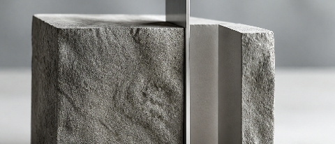 A minimalist editorial still life showing a rough block of grey stone being precisely cut by a thin, sharp blade, revealing a clean geometric shape inside, symb