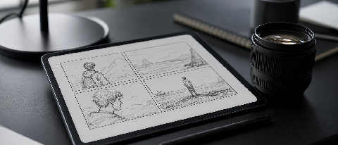 A modern creative workspace featuring a tablet displaying a storyboard grid and a camera lens, symbolizing controlled AI video production.