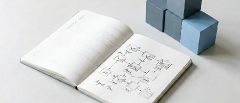 A conceptual editorial still life representing structured workflow automation and modular design