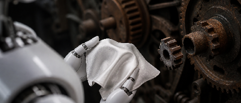 A robotic hand holding a silk handkerchief in front of a frozen industrial gear system.