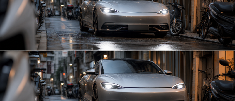 A sleek electric sports car navigating a complex, narrow urban alleyway at dusk, highlighting autonomous navigation capabilities.