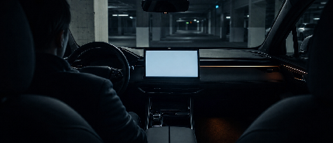 Car interior in a dark underground parking garage with a glowing blank center console screen