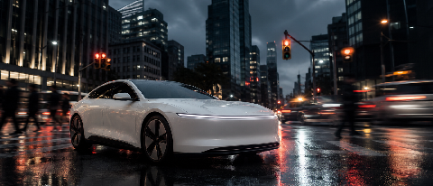 A sleek, modern vehicle navigating a complex urban intersection with blurred motion, representing advanced autonomous driving amidst real-world challenges.