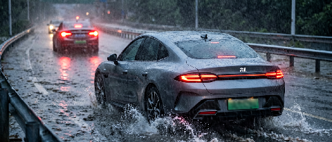 Xiaomi SU7 Ultra driving through deep water on a flooded highway during a heavy rainstorm at dusk, with no visible lane markings.