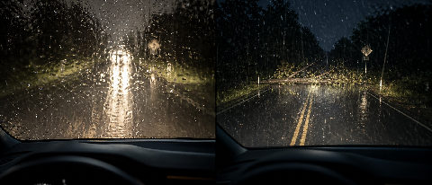A car's front view through a rain-streaked windshield at night, headlights illuminating a flooded, reflective road surface that creates a dangerous optical illu