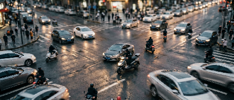 A high-angle editorial shot of a busy urban intersection at dusk, highlighting the flow of mixed traffic including cars and scooters, with subtle depth-of-field