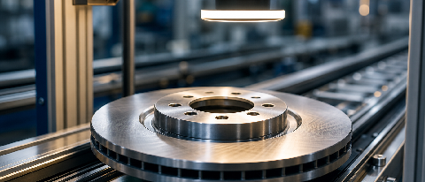 Close-up of an automotive metal brake component passing through a machine vision inspection station on a factory conveyor belt.