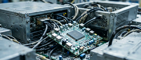 A close-up view of complex industrial server racks and cabling in a factory environment