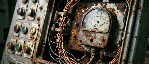 A close-up of an old industrial machine's control panel with tangled cables