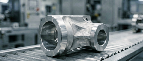 Close-up of a machined metal turning knuckle under polarized lighting on an assembly line