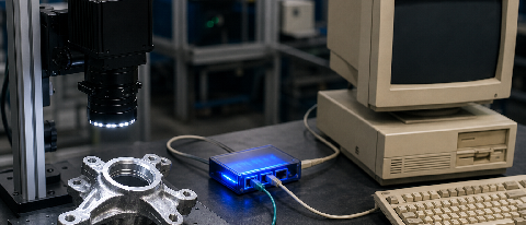 An industrial setting showing a modern robot arm or camera system connected via a glowing intermediate device to an old computer terminal, symbolizing protocol 