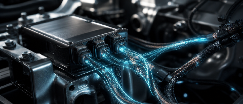 A cinematic close-up of a car's internal wiring harness with integrated digital light flows.