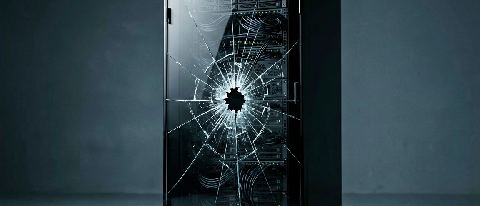 A sleek, modern server rack with a cracked glass front panel revealing chaotic internal wiring