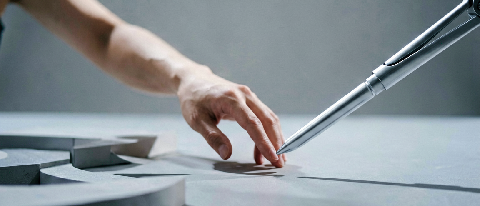A human hand hesitating before a fork in a path, while a sleek, abstract robotic arm gently guides the choice towards one direction, symbolizing AI agency overr