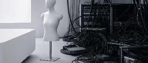 A split composition showing a sleek, empty digital avatar stand next to a complex, tangled web of cables and server racks