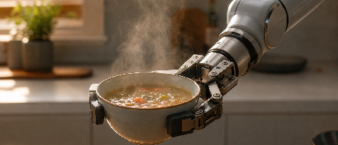 A robotic arm attempting to hold a steaming bowl of soup in a kitchen setting.