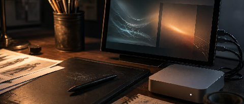 Original illustration tablet beside a fine-tuning workspace with reference folders and a small monitor.