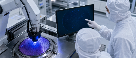 AI-powered wafer inspection in a semiconductor cleanroom with engineers collaborating.