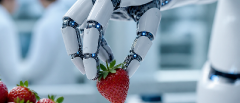 Robotic arm delicately grasping a strawberry with sensor feedback in a lab setting.