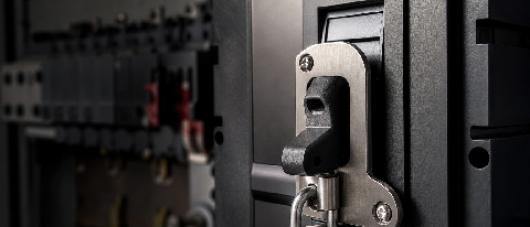 A macro editorial shot of an industrial electrical switch with a safety locking mechanism.