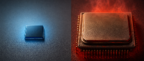 A conceptual editorial image showing a compact, efficient chip next to a larger, overheating component, symbolizing the choice between 1.8B and 7B models.