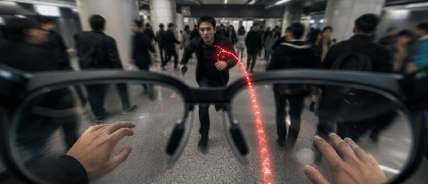 POV view through AI glasses showing a predictive collision warning in a crowded subway.