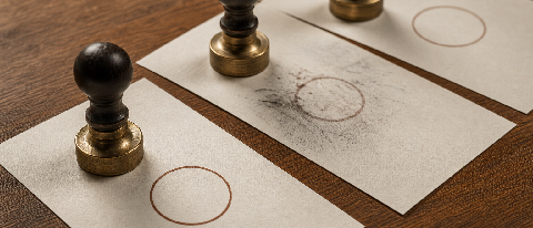 A row of three rubber stamps on a desk, each stamping a different blank paper, with a magnifying glass revealing a gap between the original and final documents.