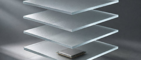 A conceptual editorial image showing a stack of semi-transparent glass layers with a sleek processor chip at the base.