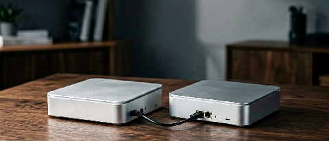 Two silver compact aluminum workstations connected by a cable on a dark desk.