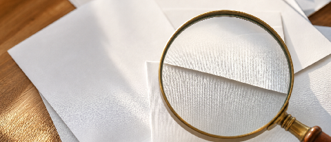 A scattered pile of paper salary slips and folded job-offer documents on a desk, with a magnifying glass isolating one slip.