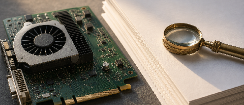 Editorial still life of a GPU circuit board, stacked legal contracts, and a jeweler's magnifying loupe on a desk